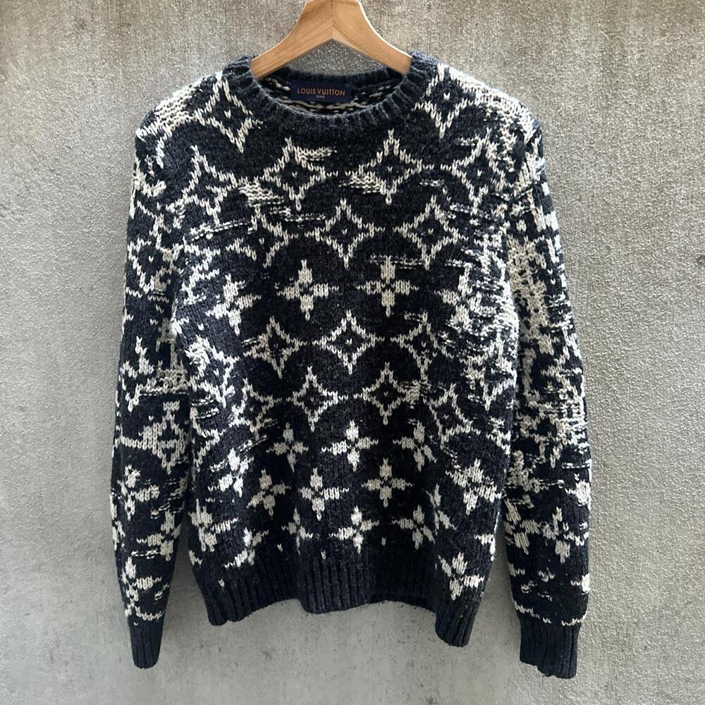 Louis Vuitton Sweater Virgil Era Gray White Monogram Wool Knit Size XS